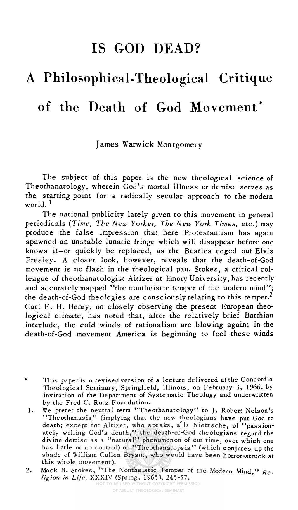 Is God Dead? a Philosophical-Theological Critique of the Death of God Movement