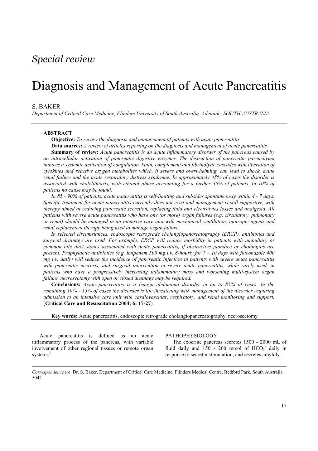 Diagnosis and Management of Acute Pancreatitis