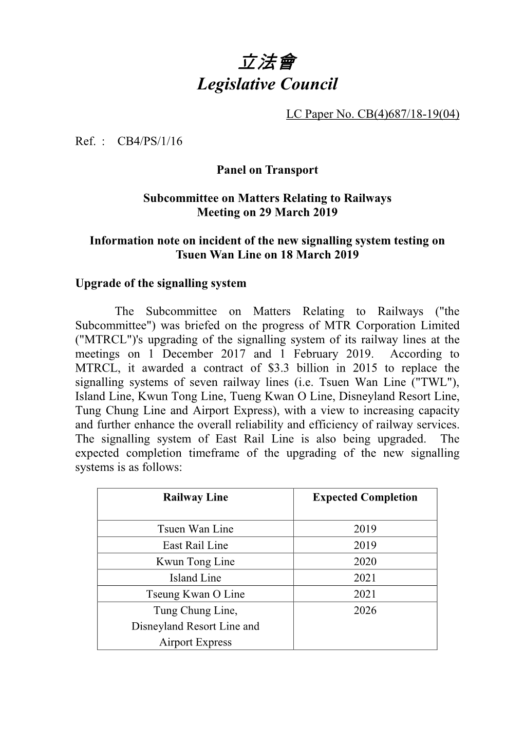 Information Note on Incident of the New Signalling System Testing on Tsuen Wan Line on 18 March 2019