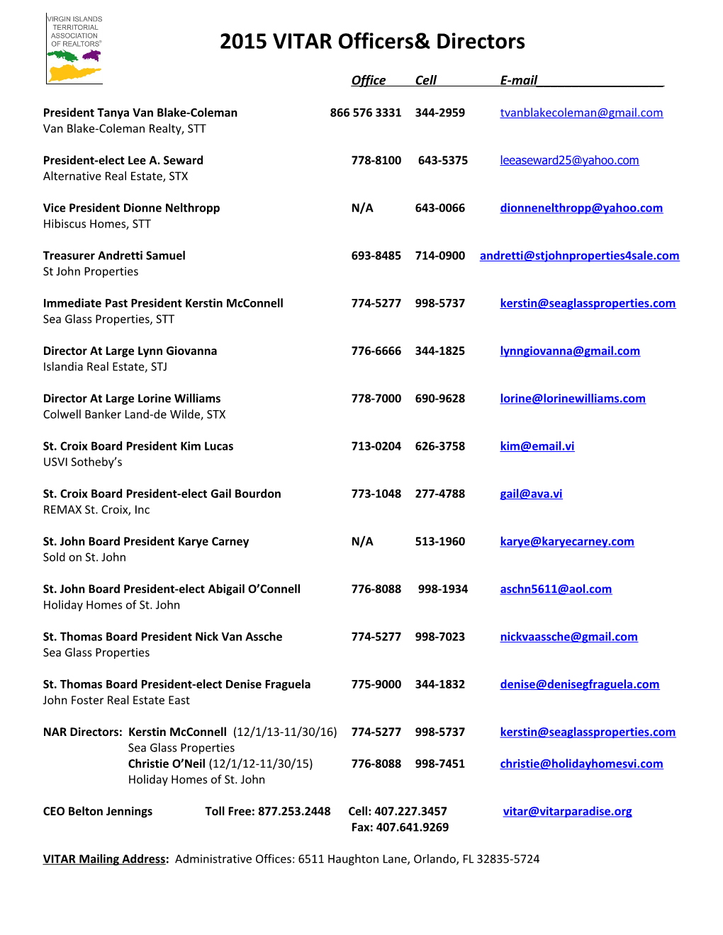 2015 VITAR Officers Directors