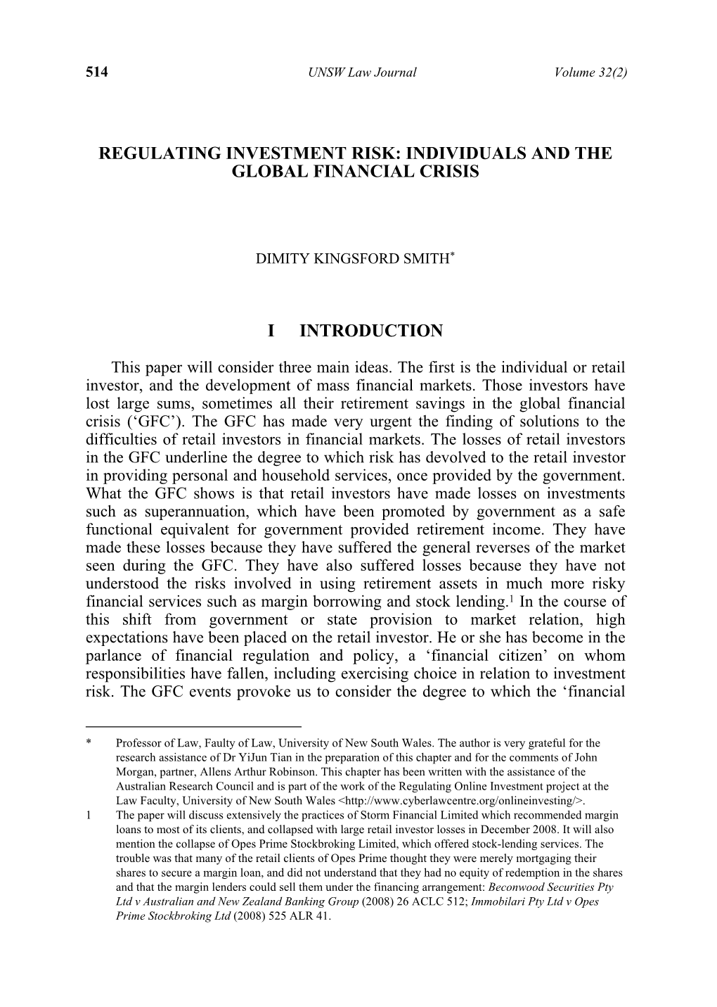 Regulating Investment Risk: Individuals and the Global Financial Crisis