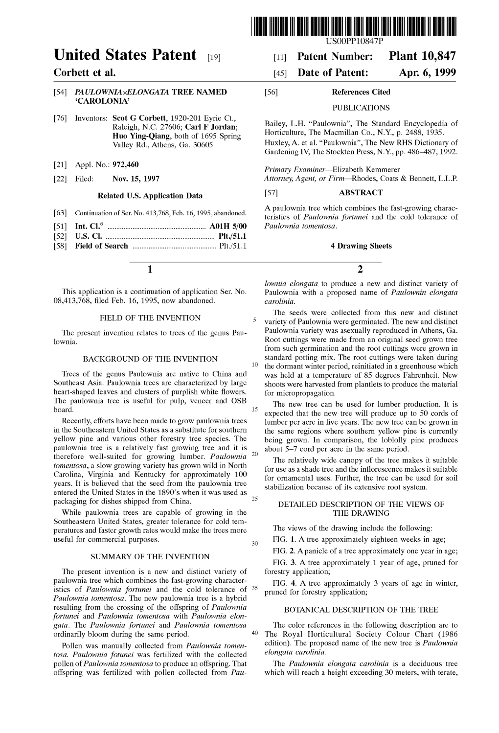 United States Patent (19) 11 Patent Number: Plant 10,847 Corbett Et Al