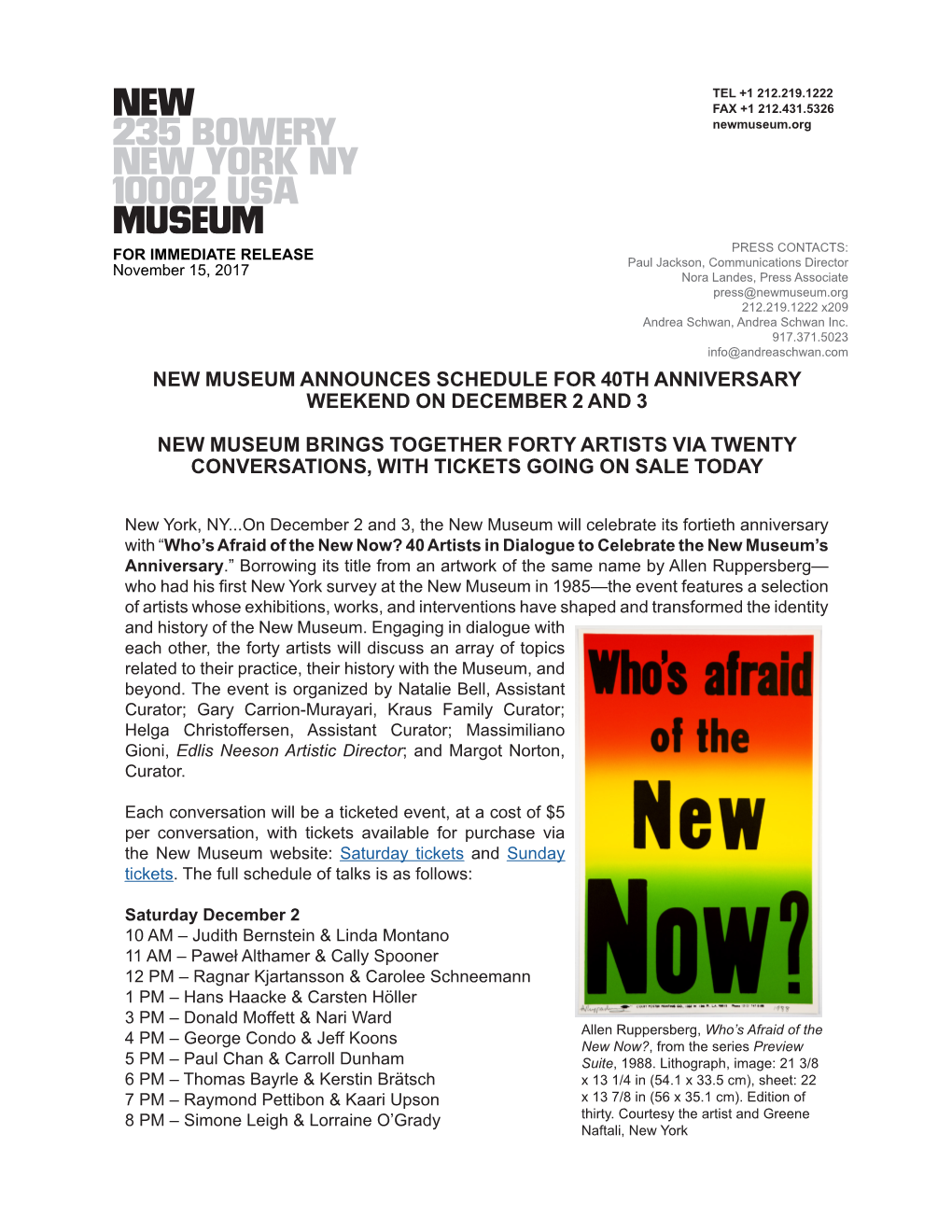 New Museum Announces Schedule for 40Th Anniversary Weekend on December 2 and 3