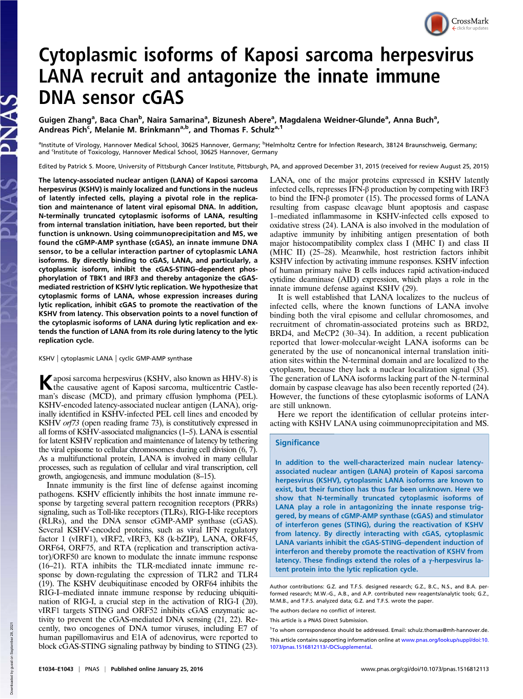 Cytoplasmic Isoforms of Kaposi Sarcoma Herpesvirus LANA Recruit and Antagonize the Innate Immune DNA Sensor Cgas