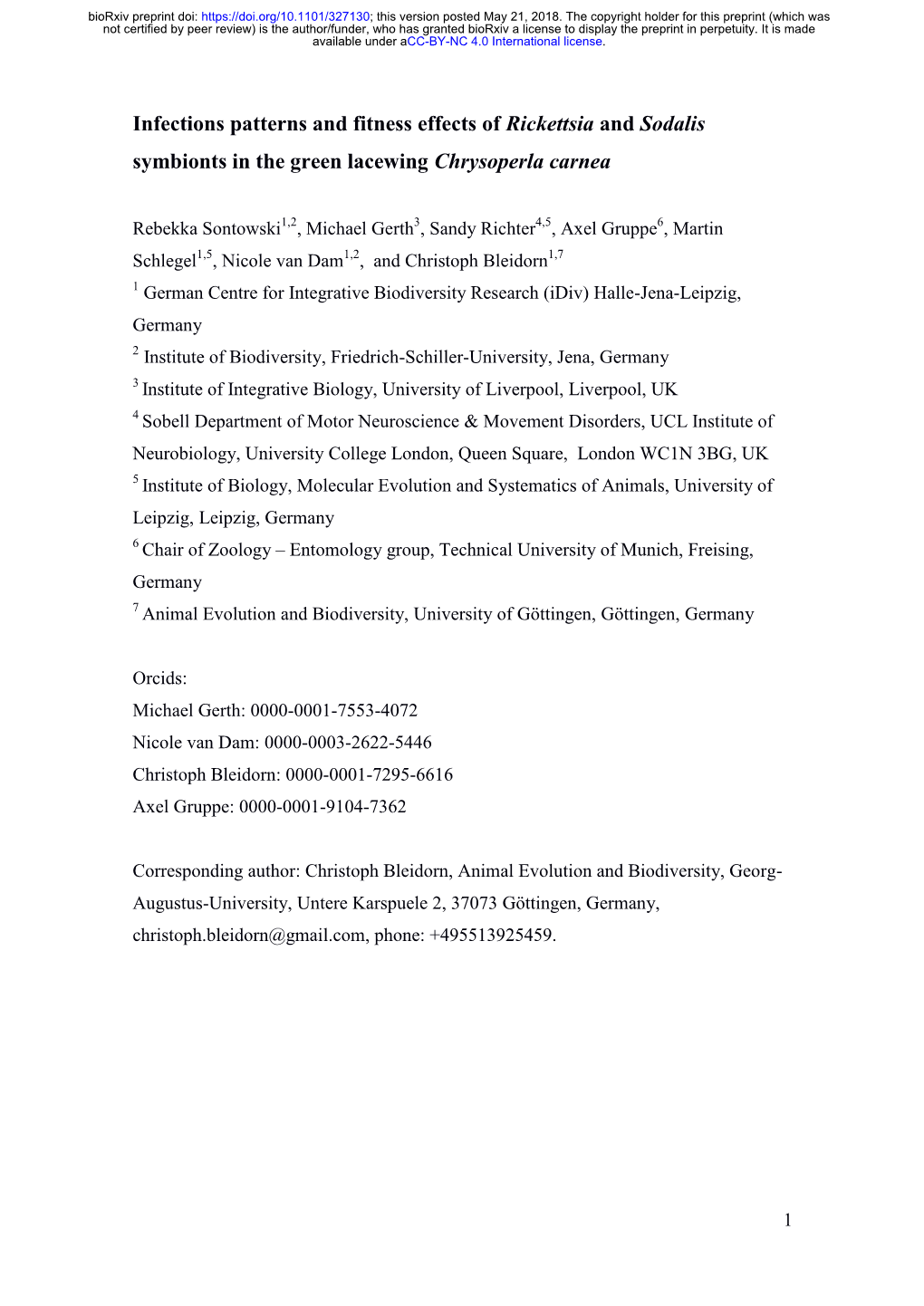 Infections Patterns and Fitness Effects of Rickettsia and Sodalis Symbionts in the Green Lacewing Chrysoperla Carnea