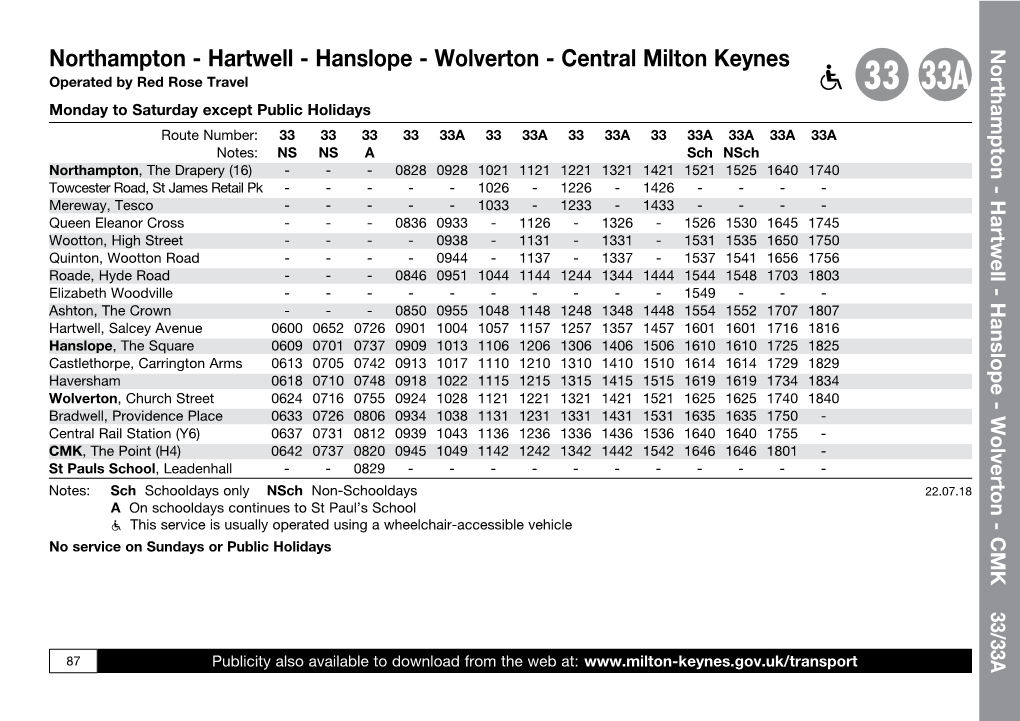Bus Service 33/33A Timetable July 23Rd 2018