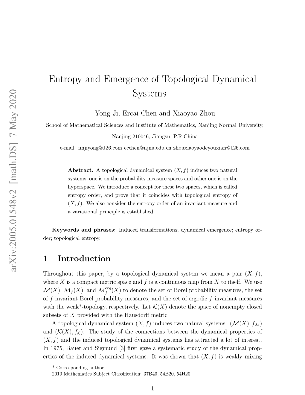 Entropy and Emergence of Topological Dynamical Systems