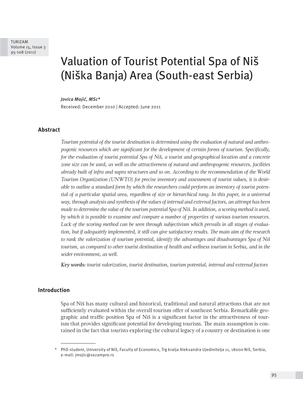 Valuation of Tourist Potential Spa of Niš (Niška Banja) Area (South-East Serbia)