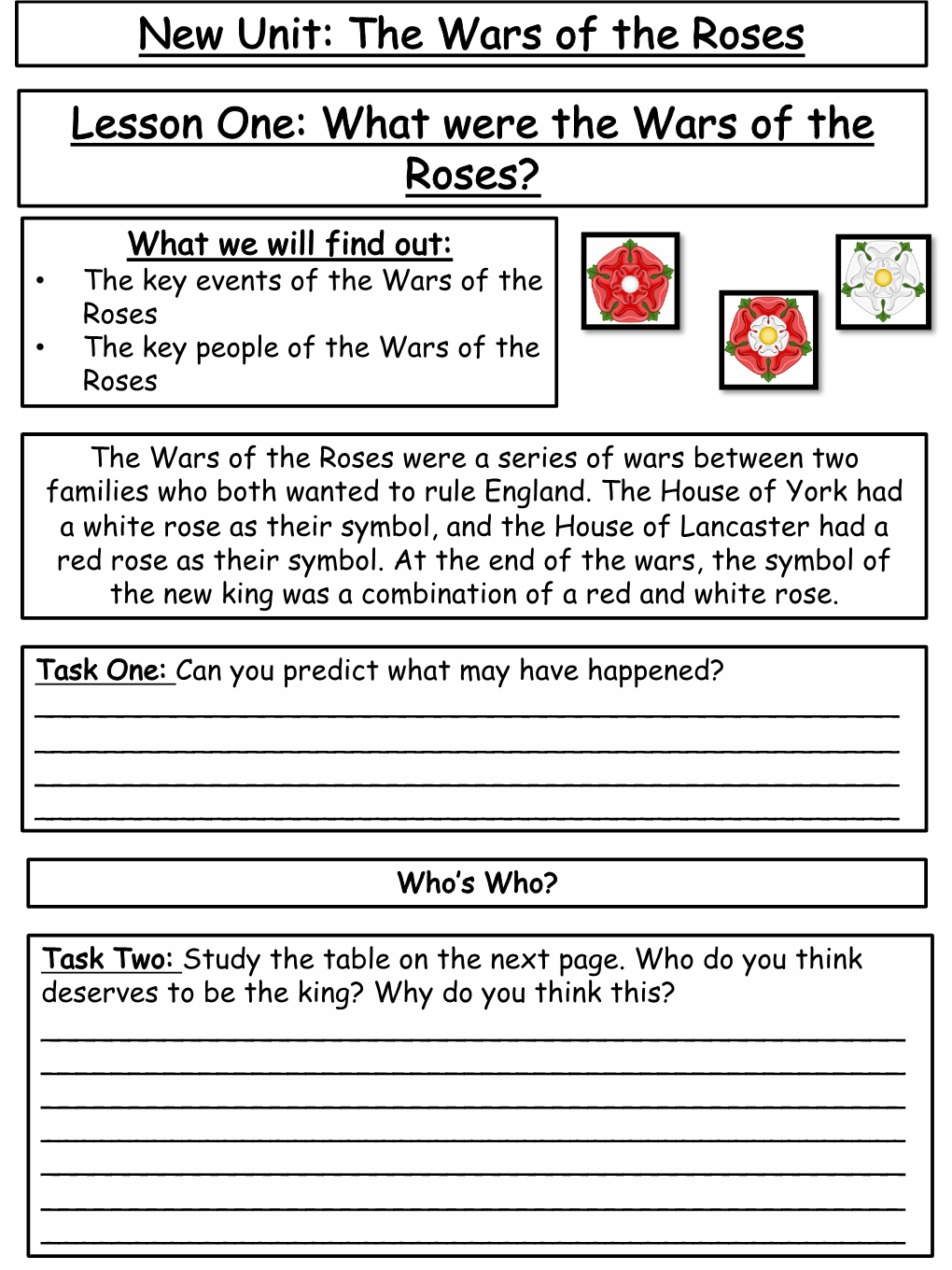 New Unit: the Wars of the Roses Lesson One: What Were the Wars Of