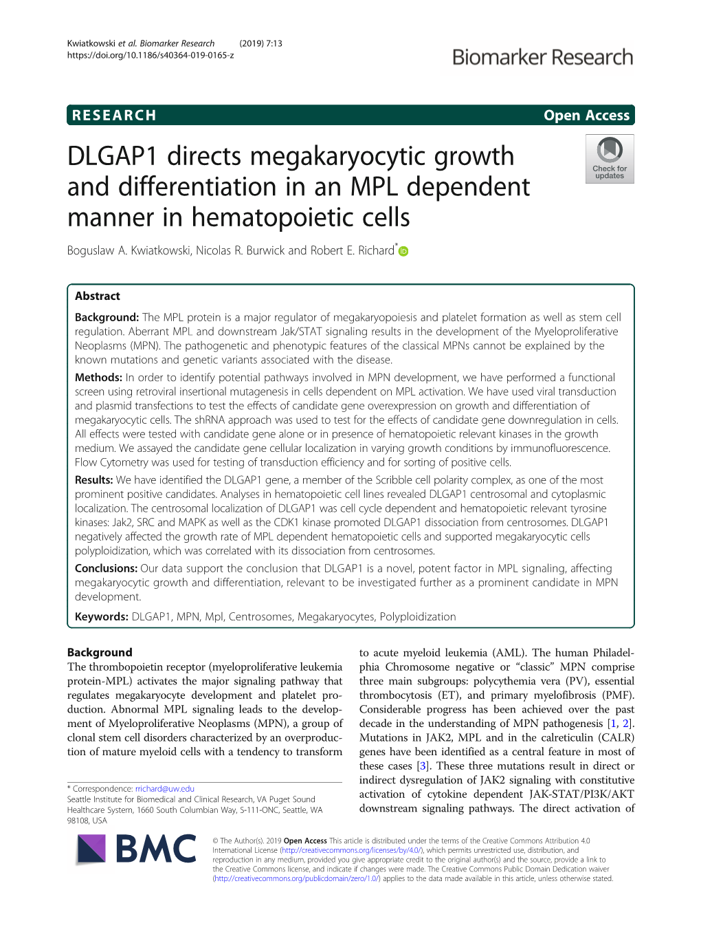 DLGAP1 Directs Megakaryocytic Growth and Differentiation in an MPL Dependent Manner in Hematopoietic Cells Boguslaw A