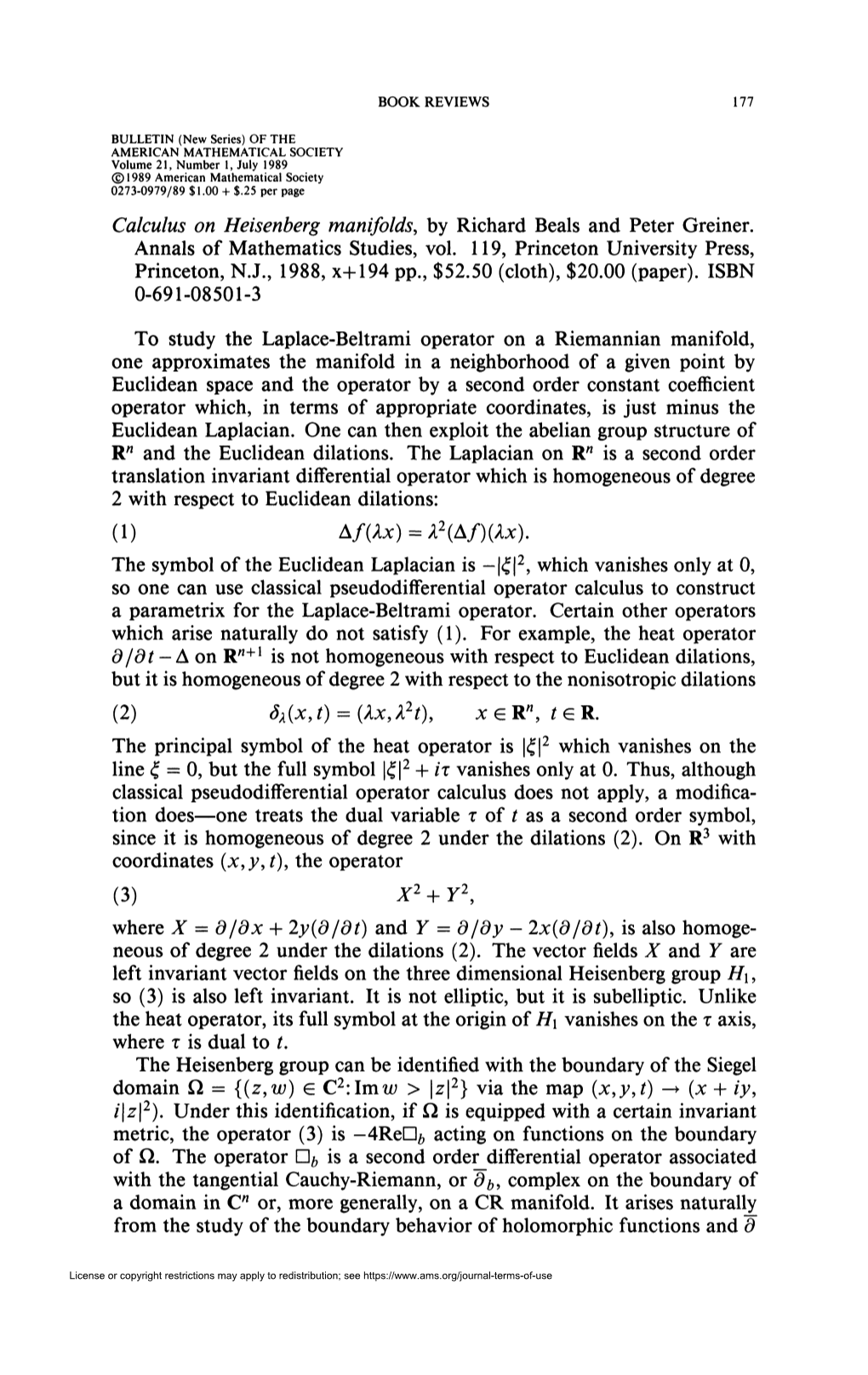 Calculus on Heisenberg Manifolds, by Richard Beals and Peter Greiner