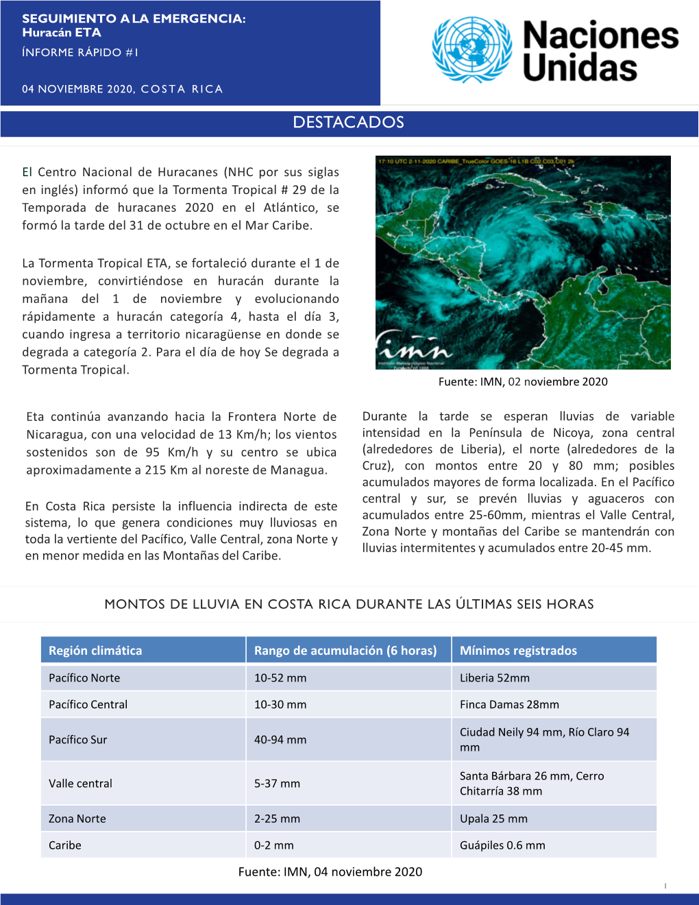 Seguimiento a La Emergencia — Huracán Eta — Informe Rápido #1, 04 Noviembre 2020, Costa Rica.Pdf