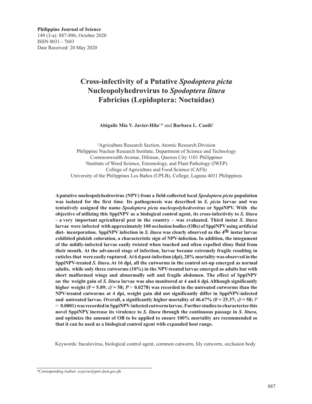 Cross-Infectivity of a Putative Spodoptera Picta Nucleopolyhedrovirus to Spodoptera Litura Fabricius (Lepidoptera: Noctuidae)