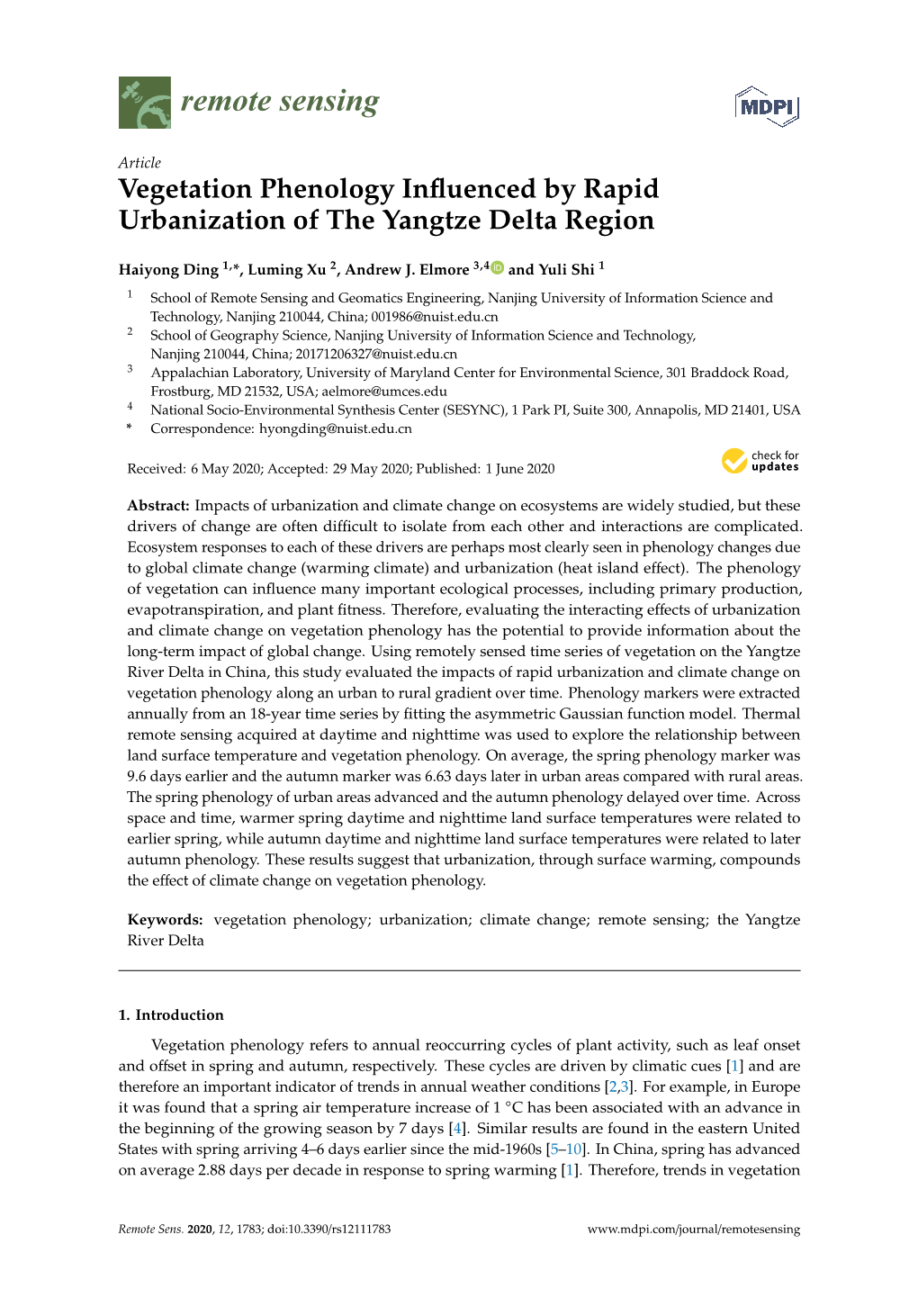 Vegetation Phenology Influenced by Rapid Urbanization of the Yangtze Delta Region