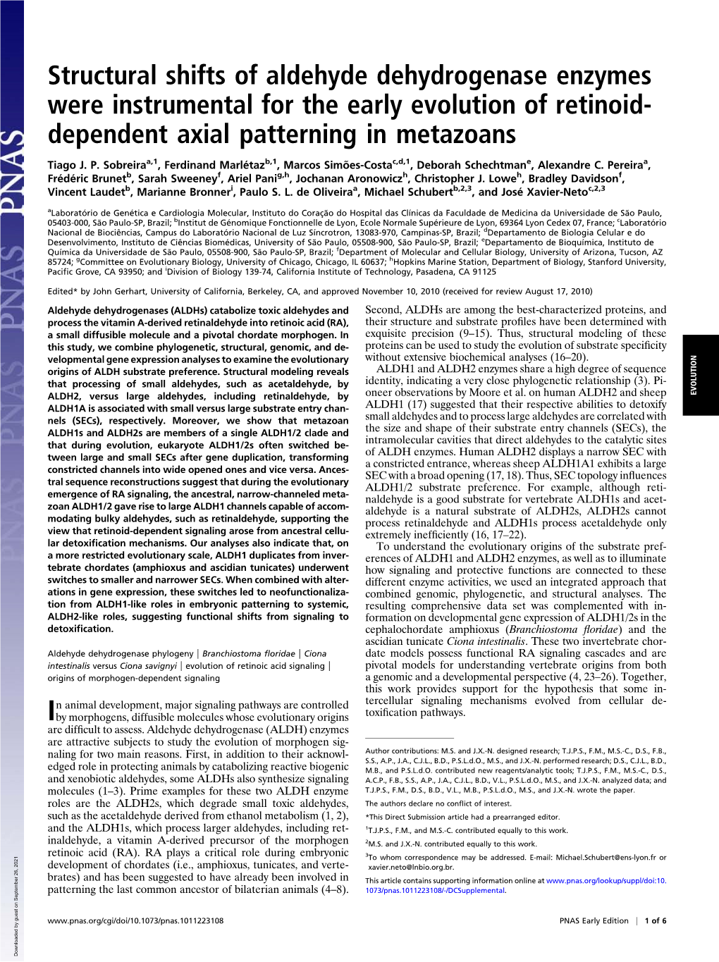 Structural Shifts of Aldehyde Dehydrogenase Enzymes Were Instrumental for the Early Evolution of Retinoid- Dependent Axial Patterning in Metazoans