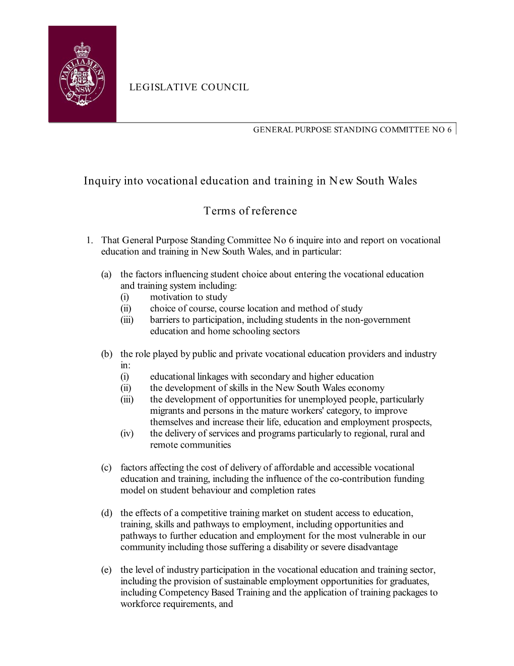 Inquiry Into Vocational Education and Training in New South Wales Terms