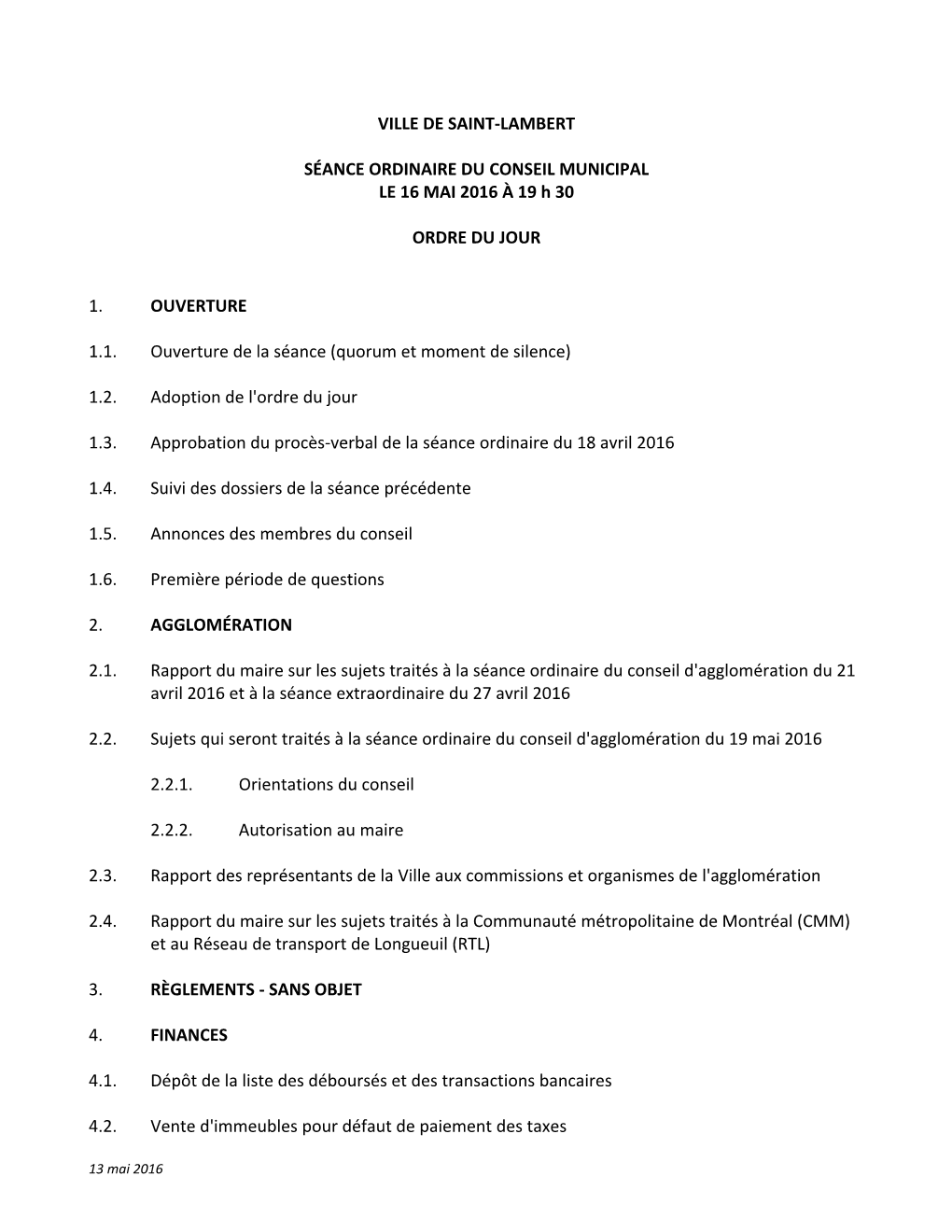 Ville De Saint-Lambert Séance Ordinaire Du Conseil