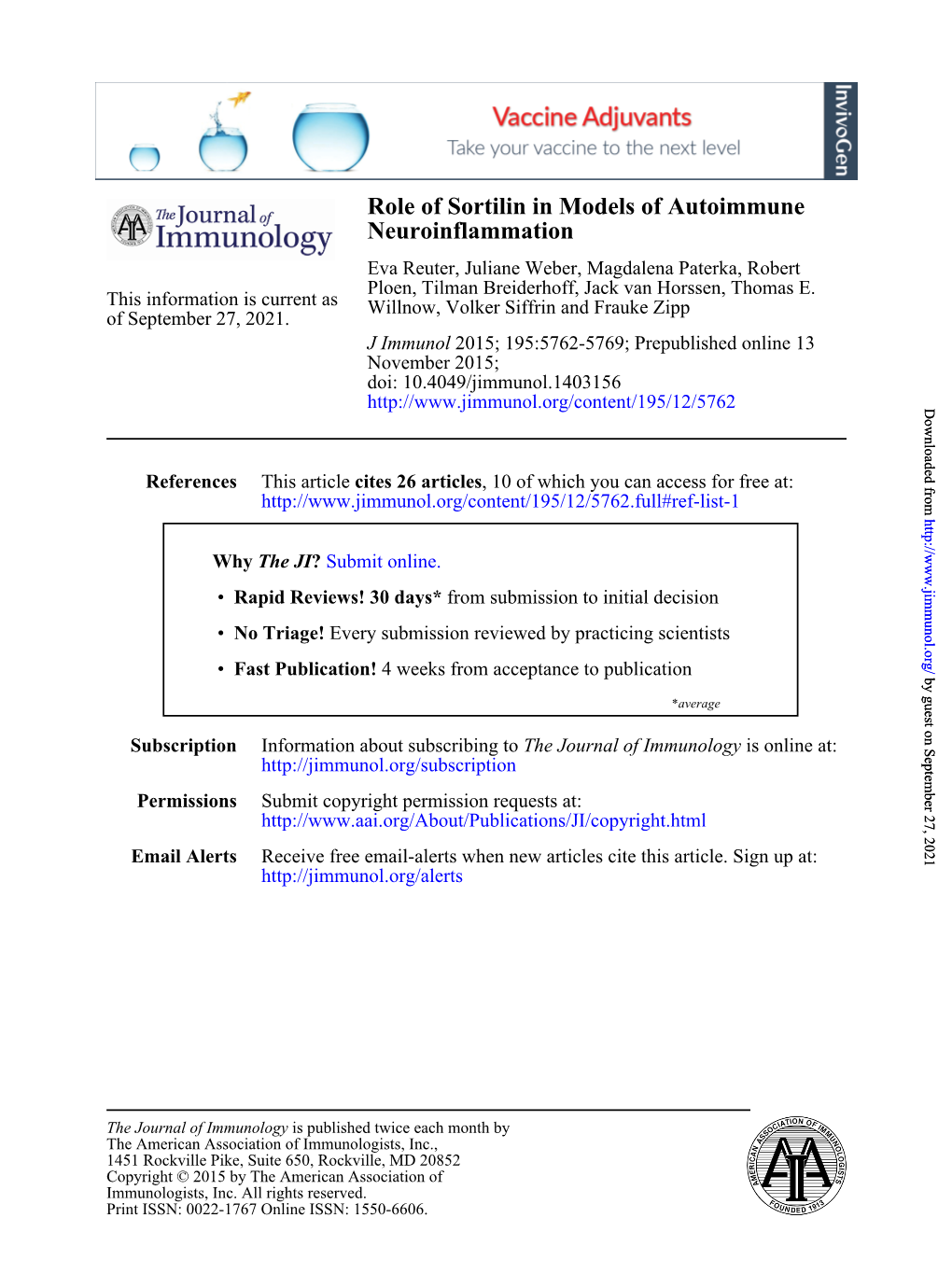 Neuroinflammation Role of Sortilin in Models of Autoimmune