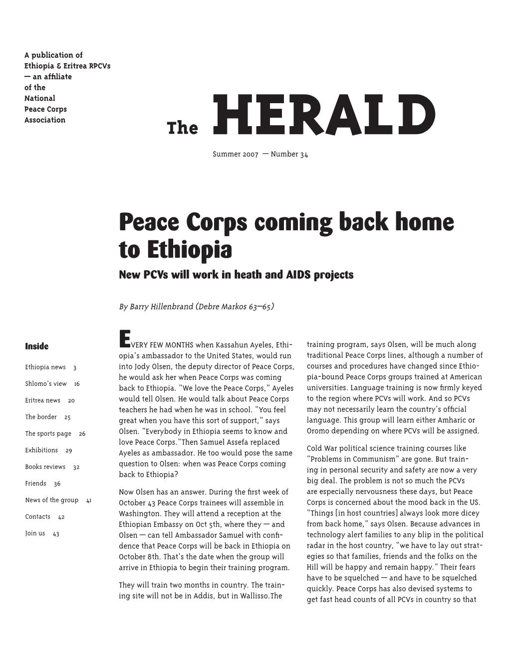 Ethiopia & Eritrea Rpcvs — an Affiliate  of the National  Peace Corps  Association the HERALD Summer 2007 — Number 34