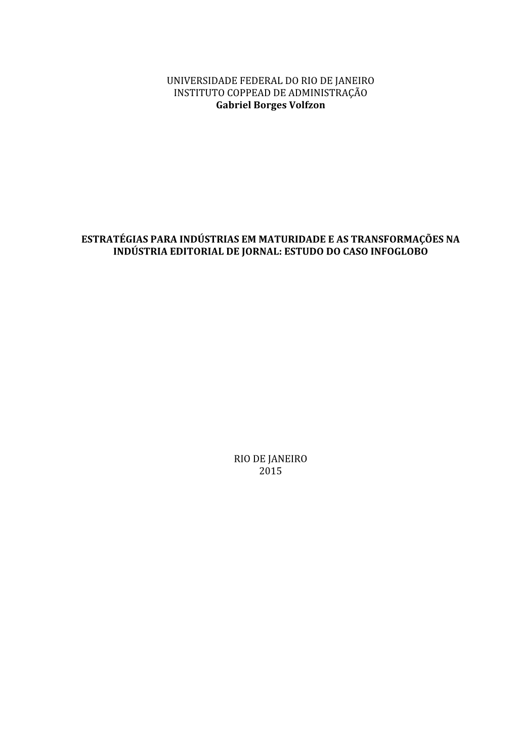 UNIVERSIDADE FEDERAL DO RIO DE JANEIRO INSTITUTO COPPEAD DE ADMINISTRAÇÃO Gabriel Borges Volfzon