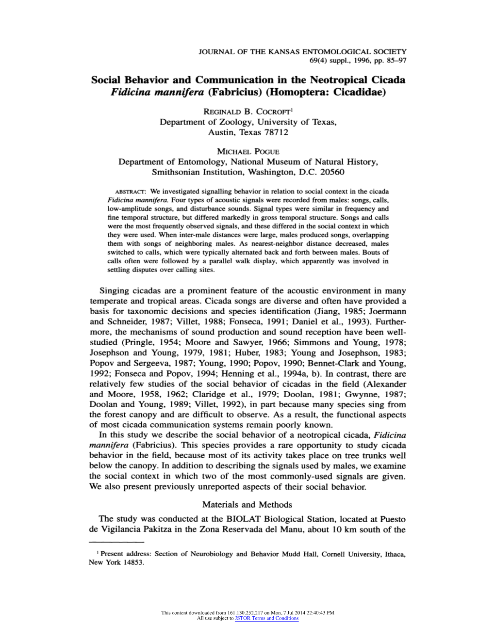 Social Behavior and Communication in the Neotropical Cicada Fidicina Mannifera (Fabricius) (Homoptera: Cicadidae)