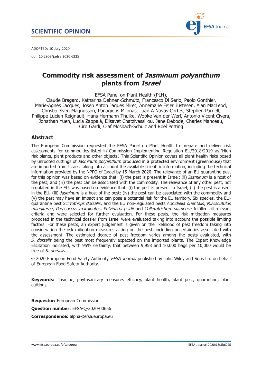 Commodity Risk Assessment of Jasminum Polyanthum Plants from Israel