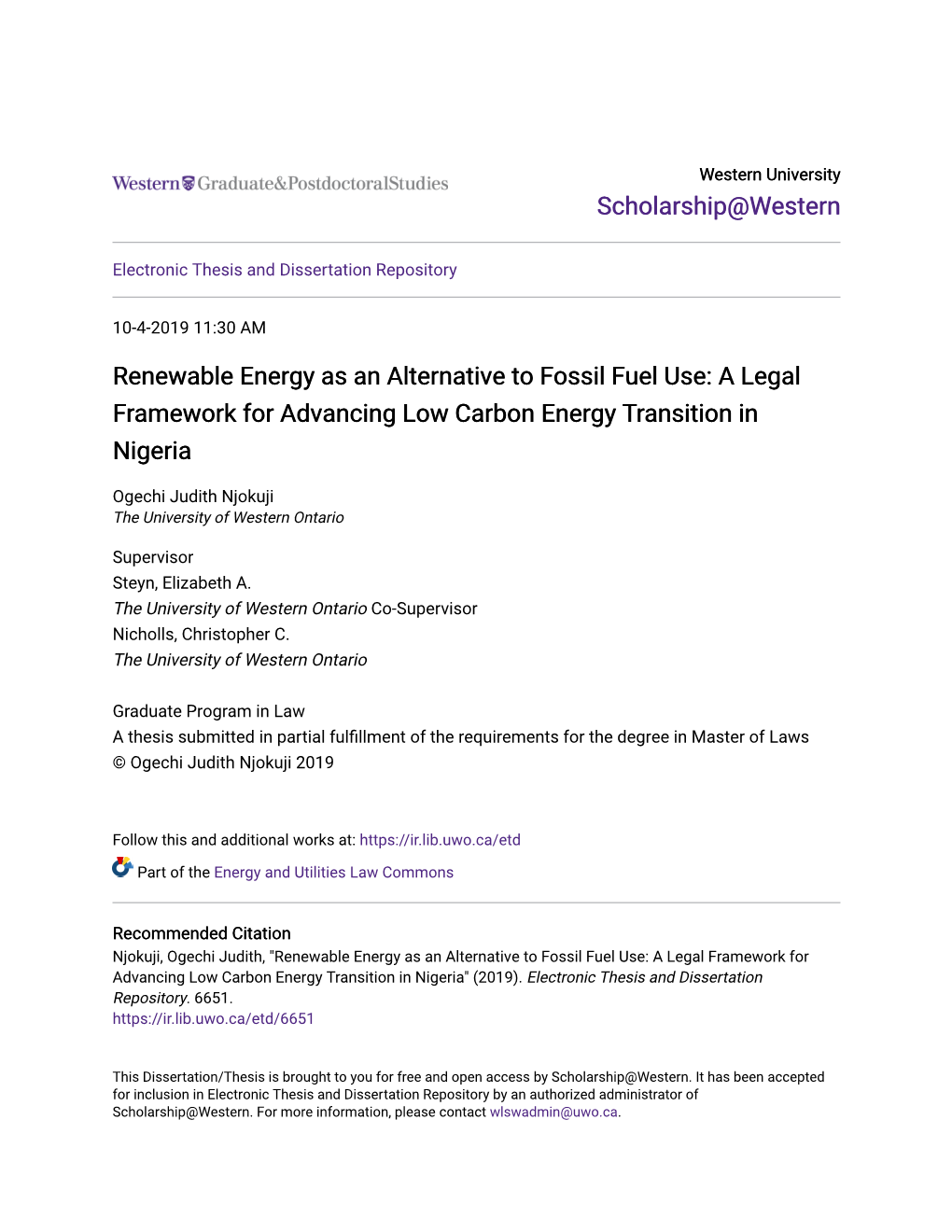 Renewable Energy As an Alternative to Fossil Fuel Use: a Legal Framework for Advancing Low Carbon Energy Transition in Nigeria