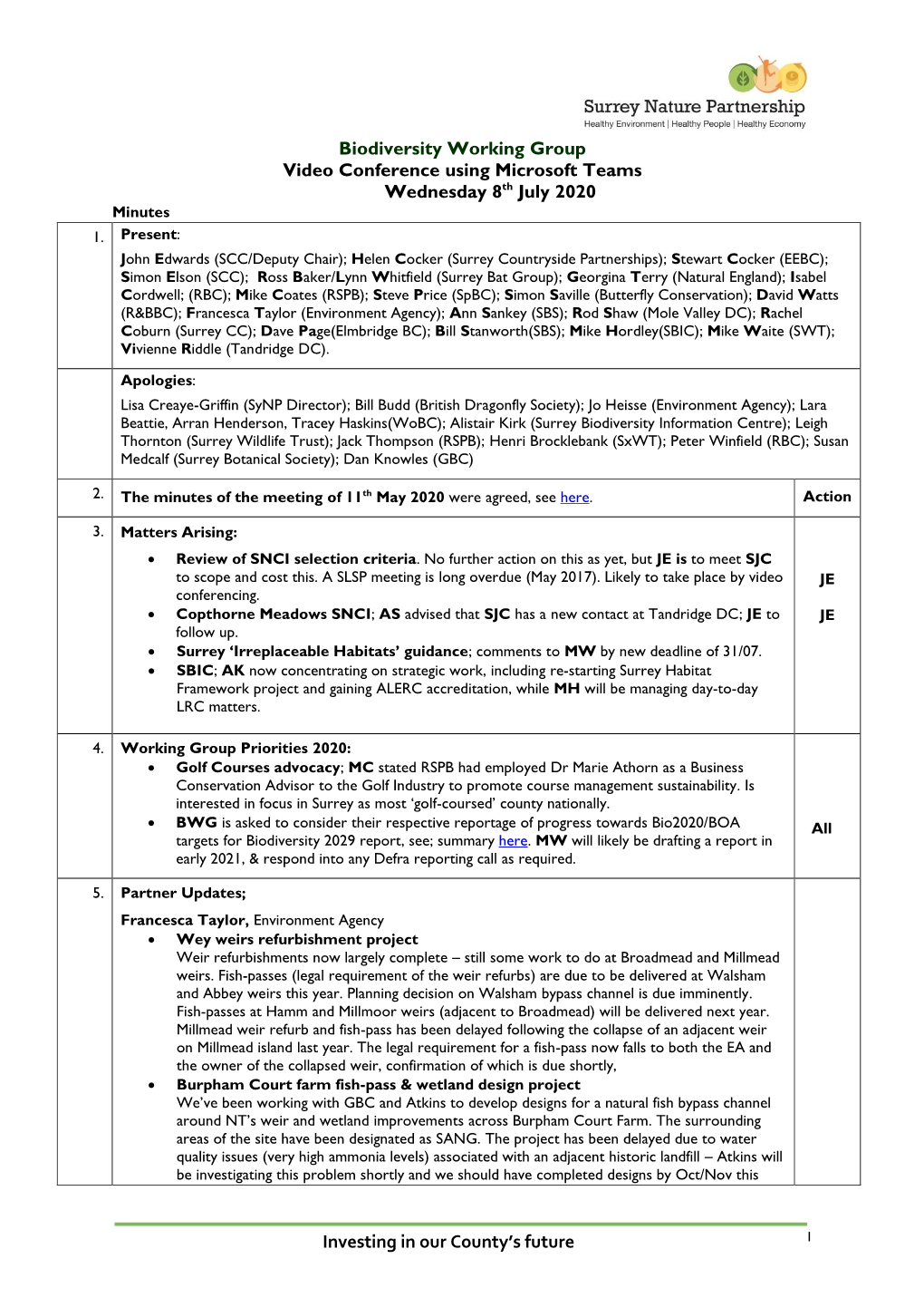 Biodiversity Working Group Video Conference Using Microsoft Teams Wednesday 8Th July 2020 Minutes 1