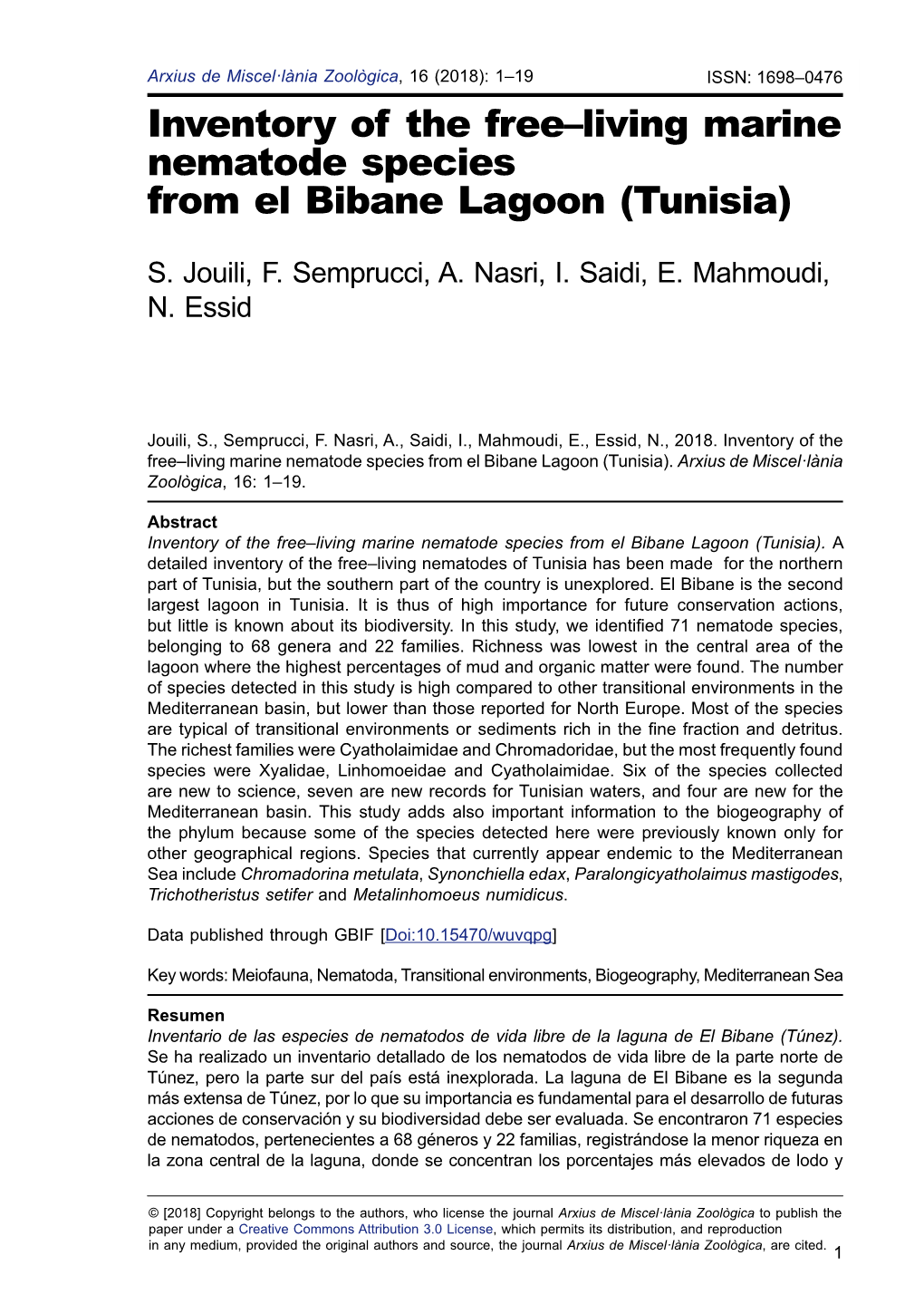 Inventory of the Free–Living Marine Nematode Species from El Bibane Lagoon (Tunisia)