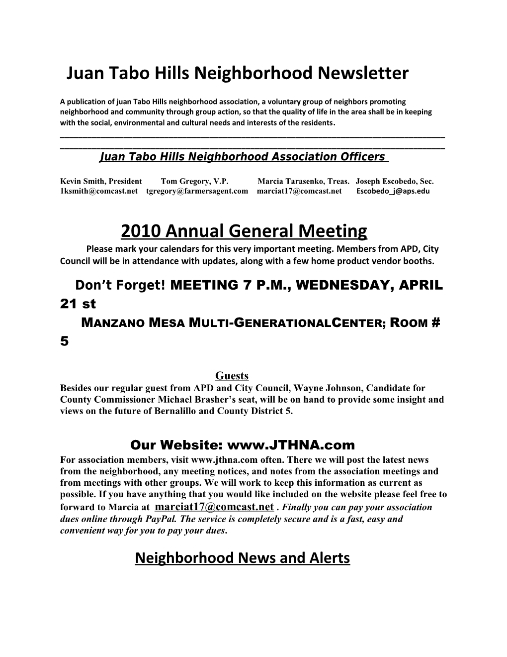 Juan Tabo Hills Neighborhood Newsletter