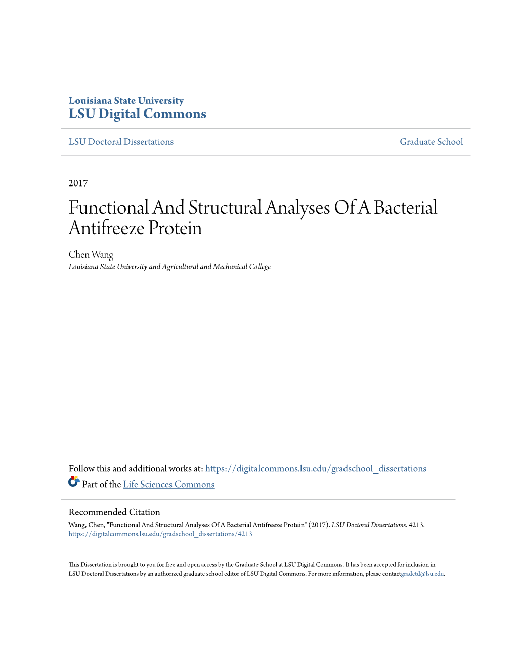 Functional and Structural Analyses of a Bacterial Antifreeze Protein Chen Wang Louisiana State University and Agricultural and Mechanical College