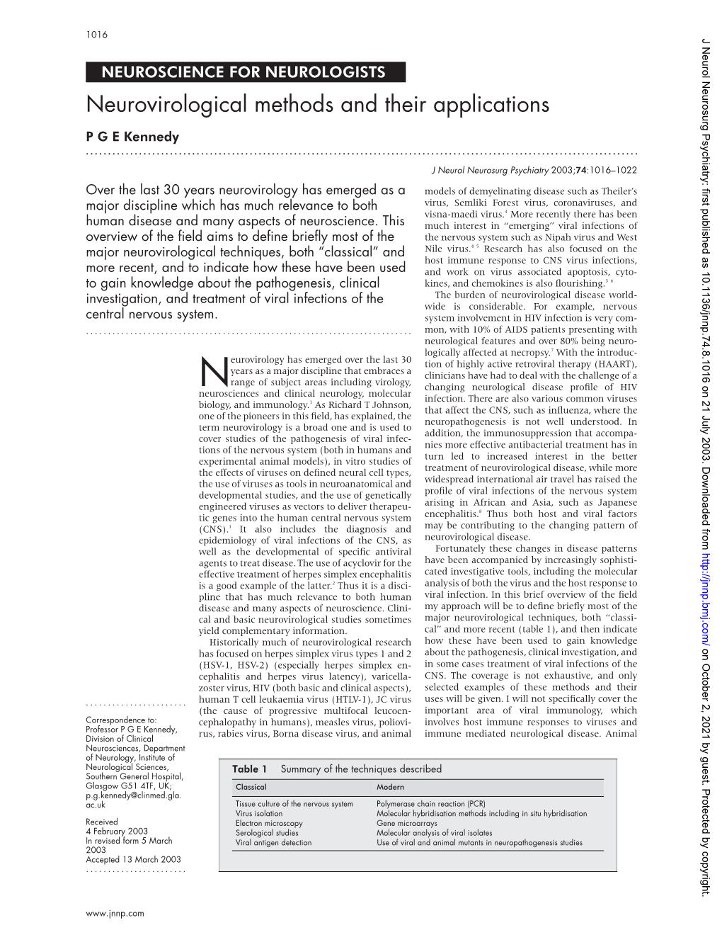 Neurovirological Methods and Their Applications P G E Kennedy