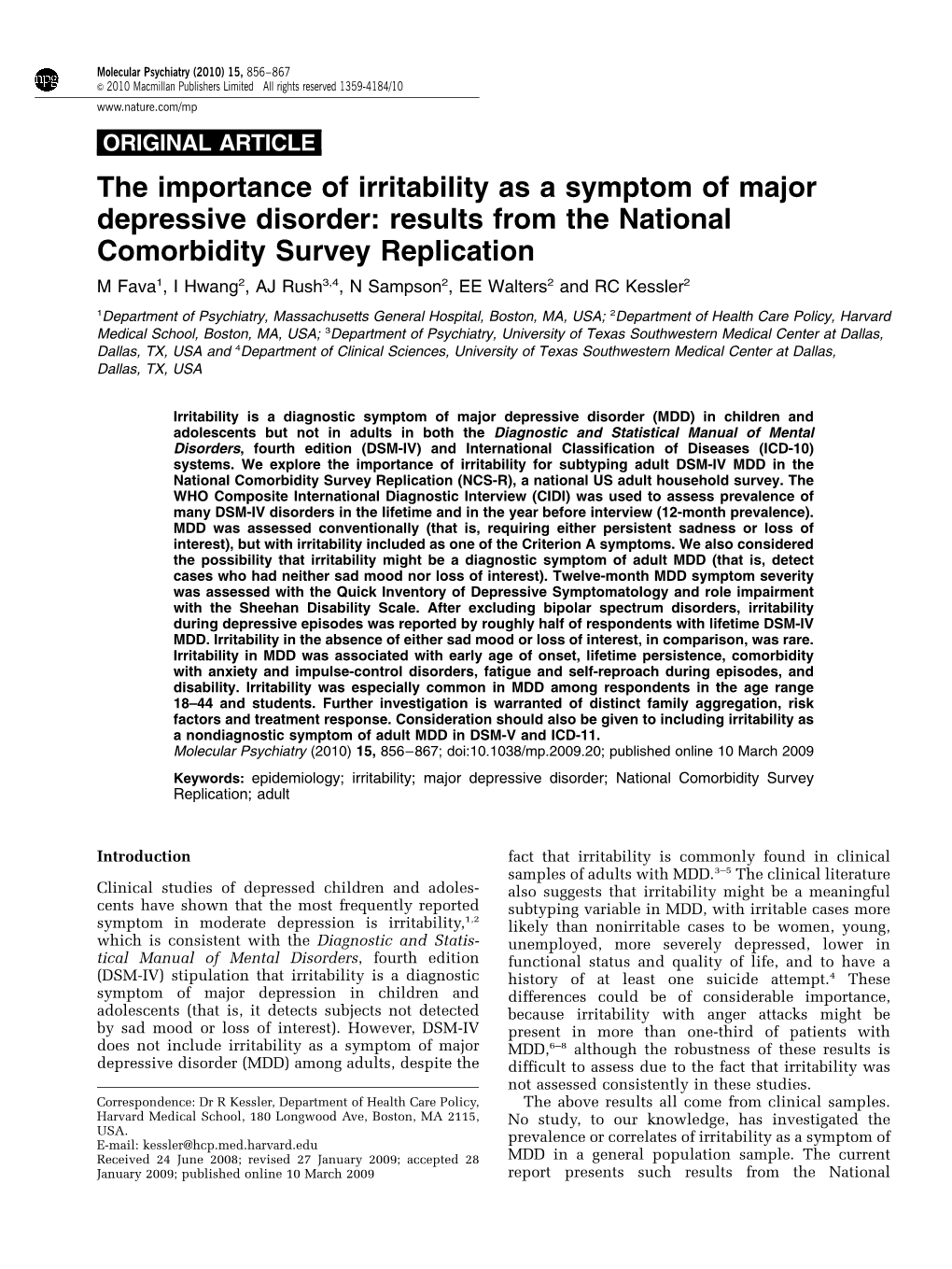 The Importance of Irritability As a Symptom of Major Depressive Disorder