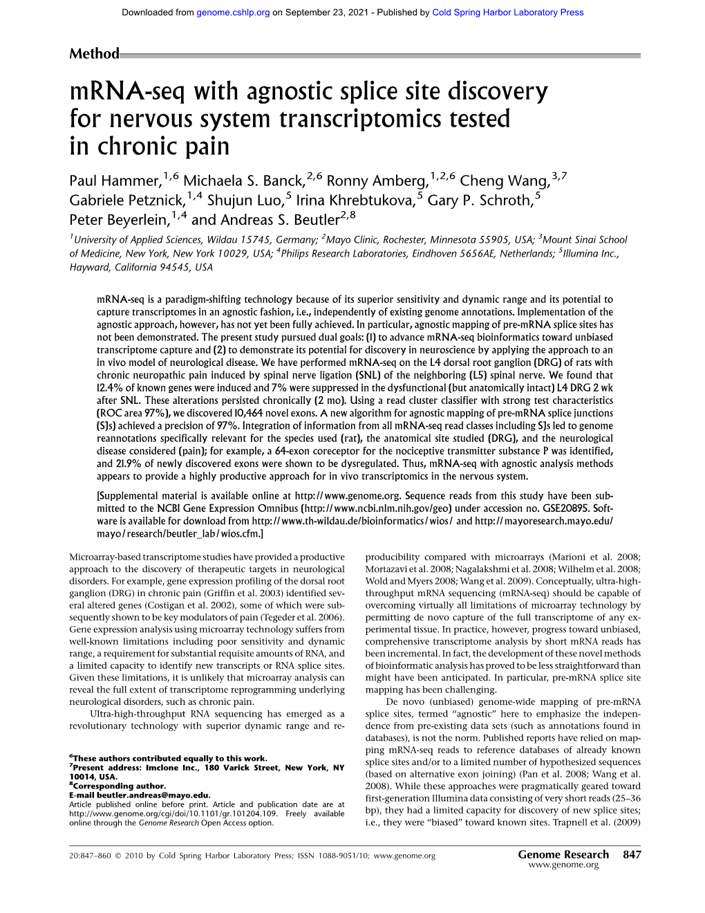 Mrna-Seq with Agnostic Splice Site Discovery for Nervous System Transcriptomics Tested in Chronic Pain