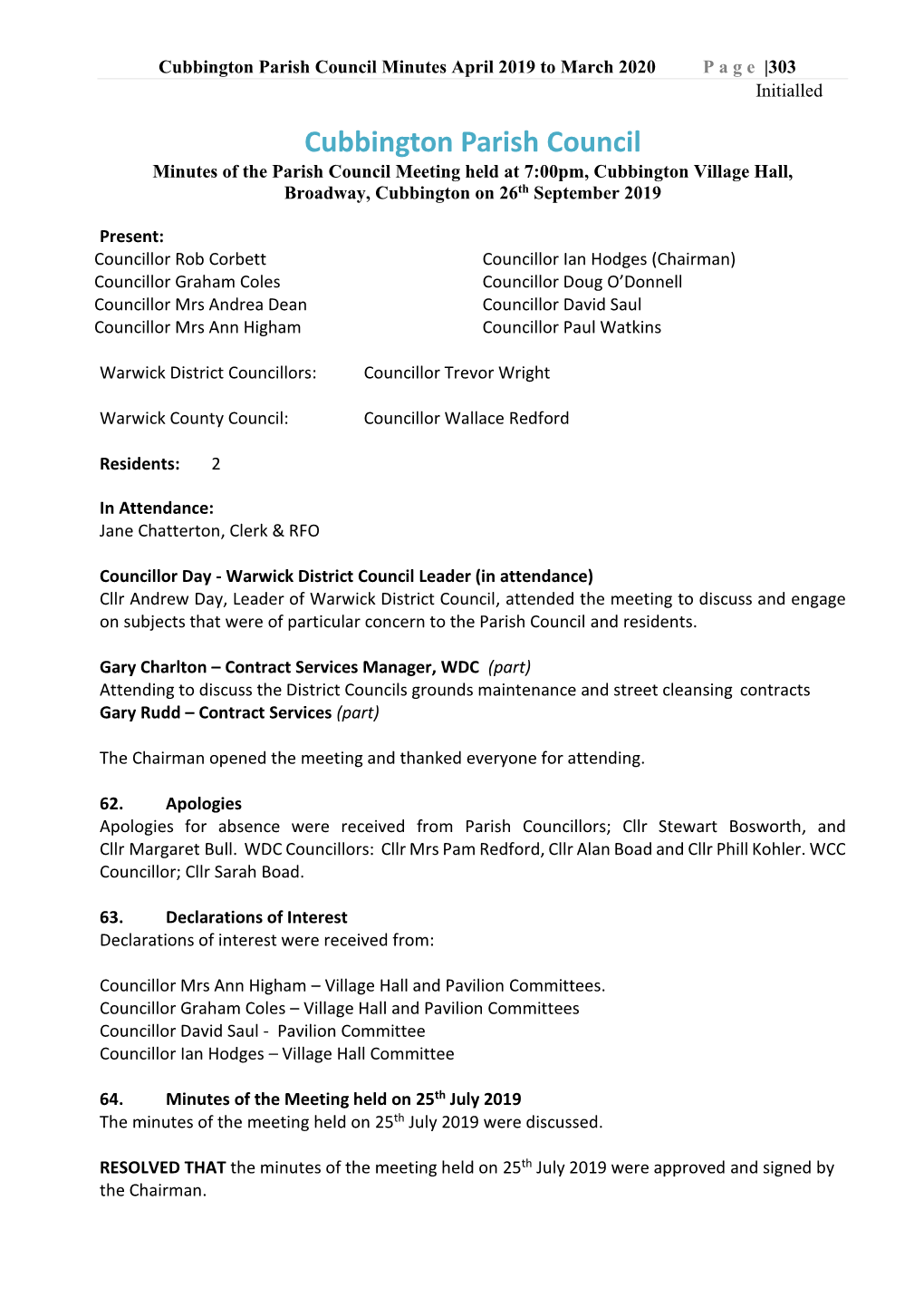 Cubbington Parish Council Minutes April 2019 to March 2020 P a G E |303 Initialled