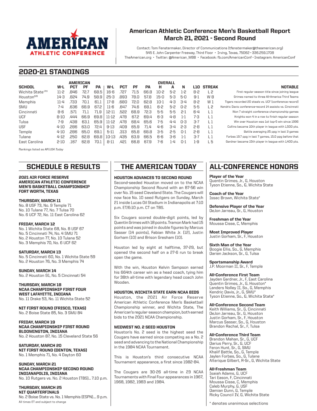 The American Today 2020-21 Standings All-Conference