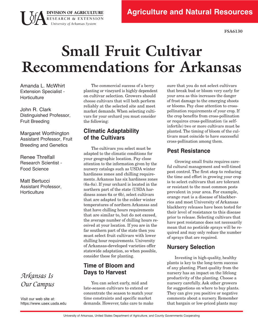 Small Fruit Cultivar Recommendations for Arkansas FSA6130