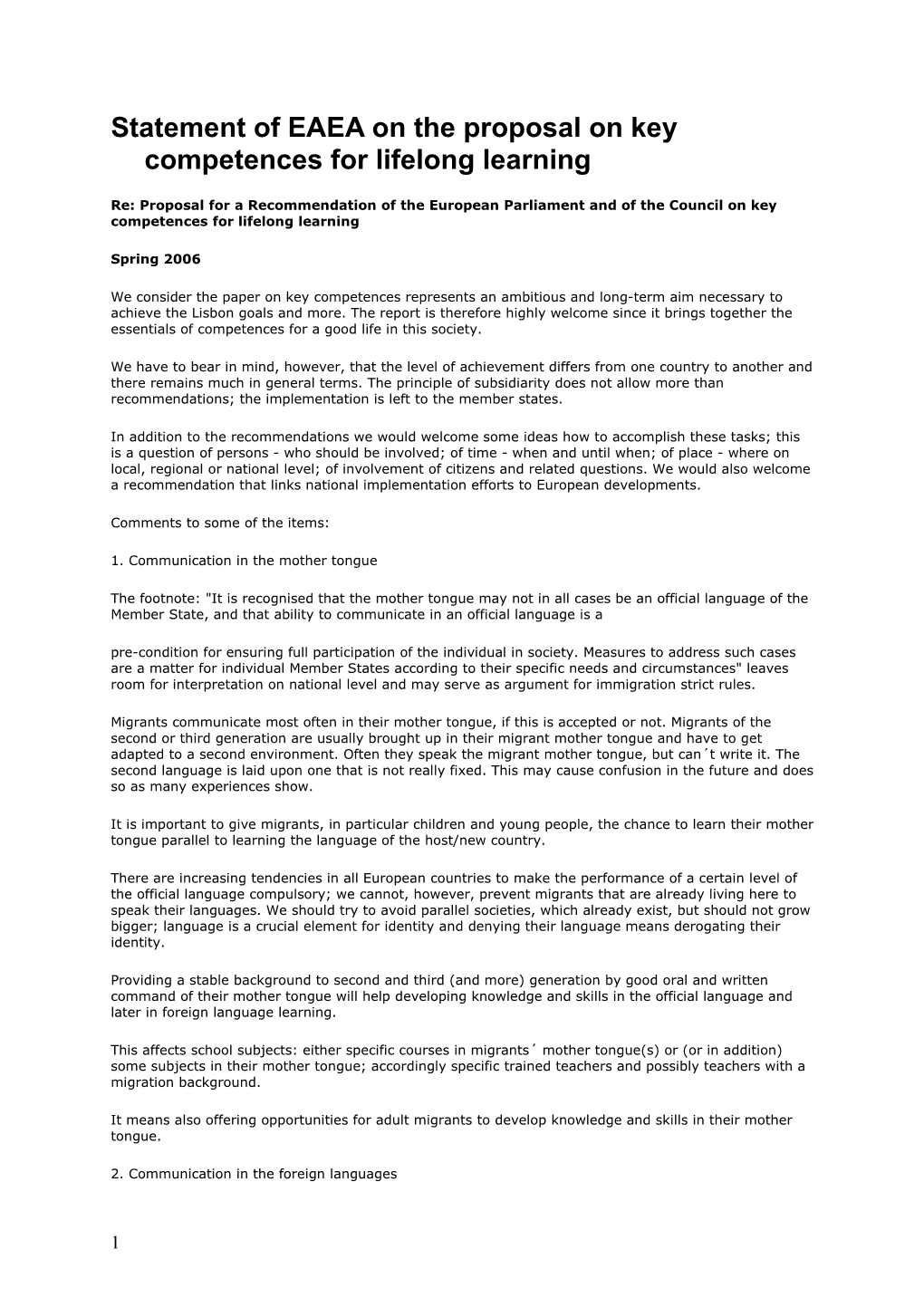 Statement of EAEA on the Proposal on Key Competences for Lifelong Learning