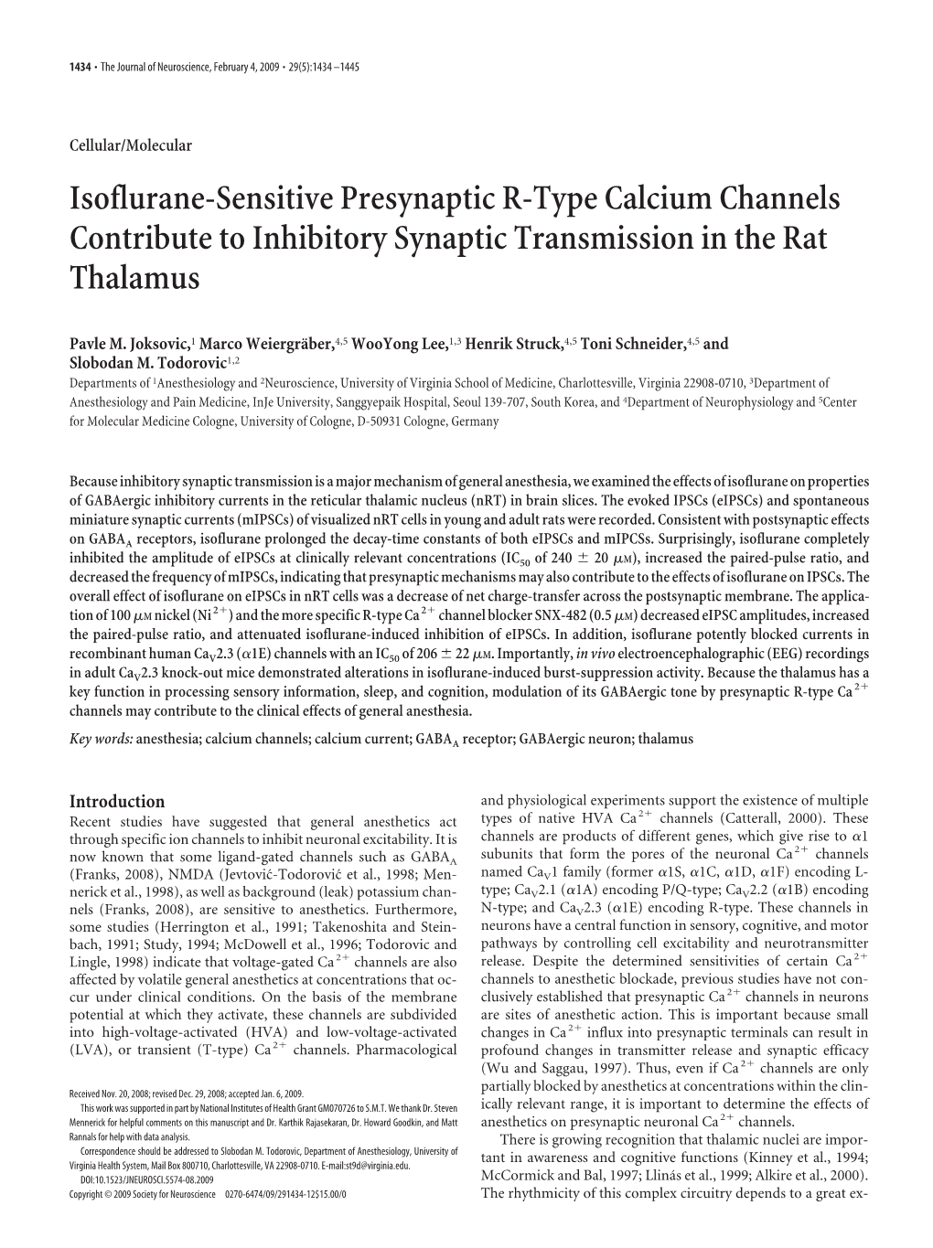Isoflurane-Sensitive Presynaptic R-Type Calcium Channels Contribute to Inhibitory Synaptic Transmission in the Rat Thalamus