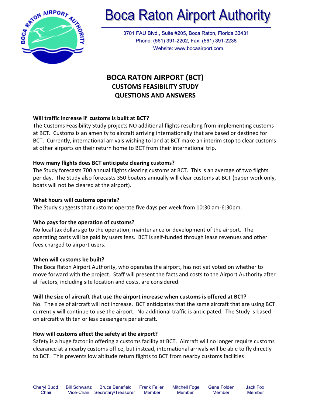 Boca Raton Airport (Bct) Customs Feasibility Study Questions and Answers