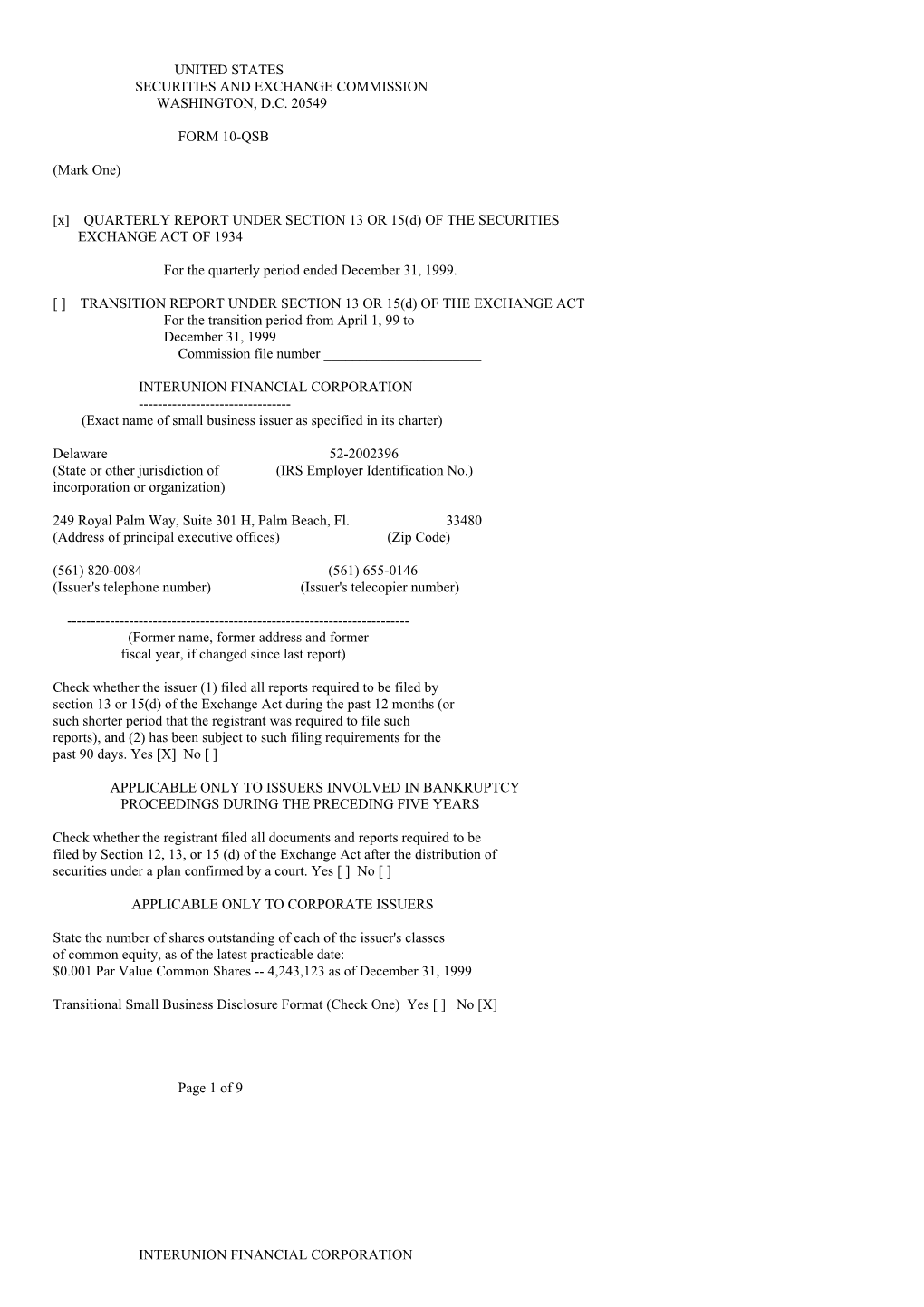 QUARTERLY REPORT UNDER SECTION 13 OR 15(D) of the SECURITIES EXCHANGE ACT of 1934