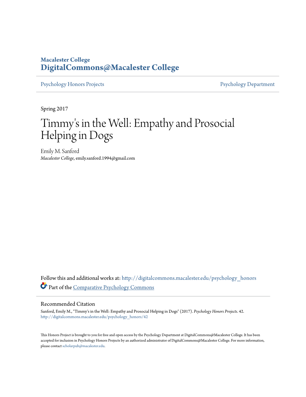 Timmy's in the Well: Empathy and Prosocial Helping in Dogs Emily M