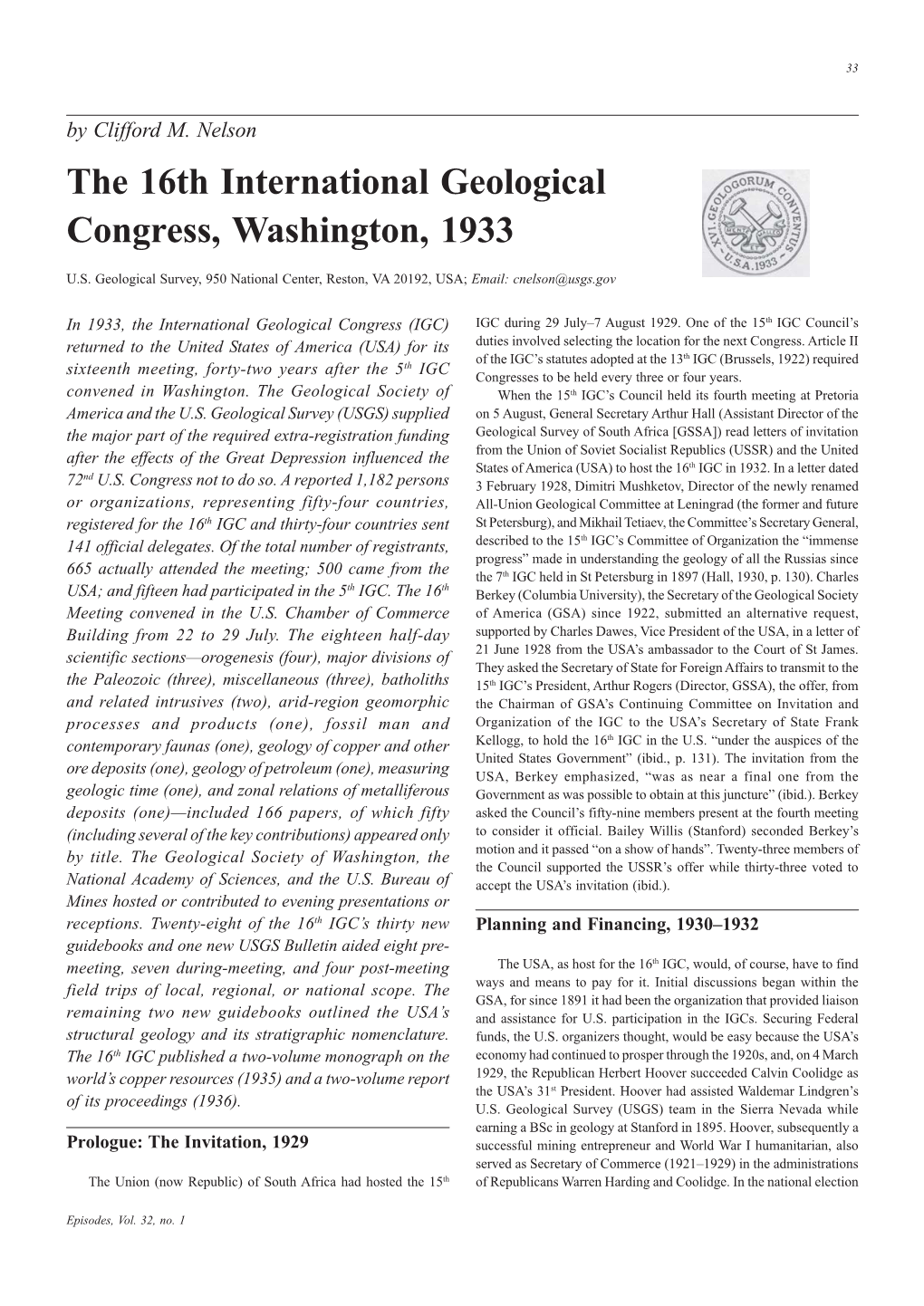 The 16Th International Geological Congress, Washington, 1933