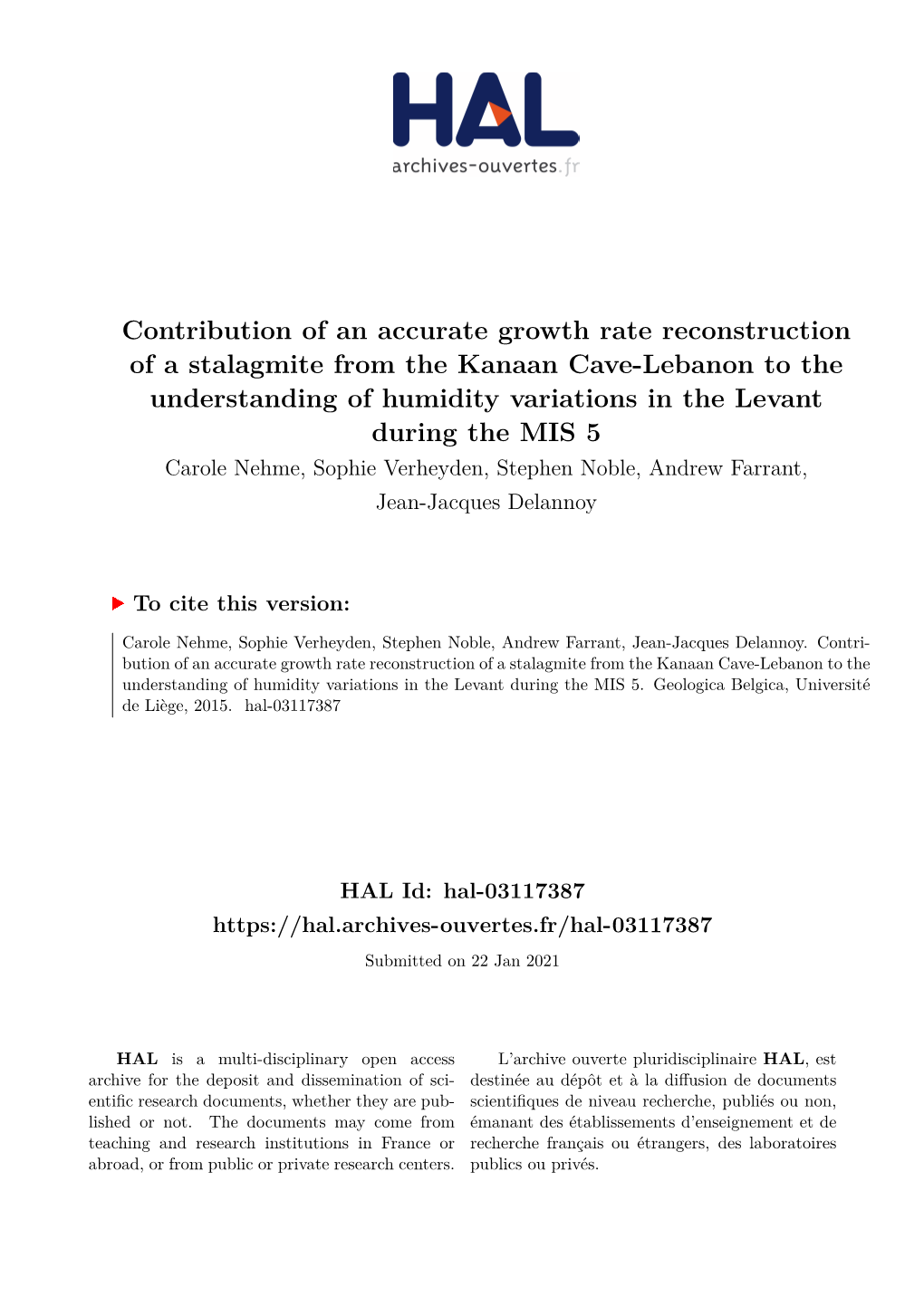 Contribution of an Accurate Growth Rate Reconstruction of a Stalagmite from the Kanaan Cave-Lebanon to the Understanding of Humi