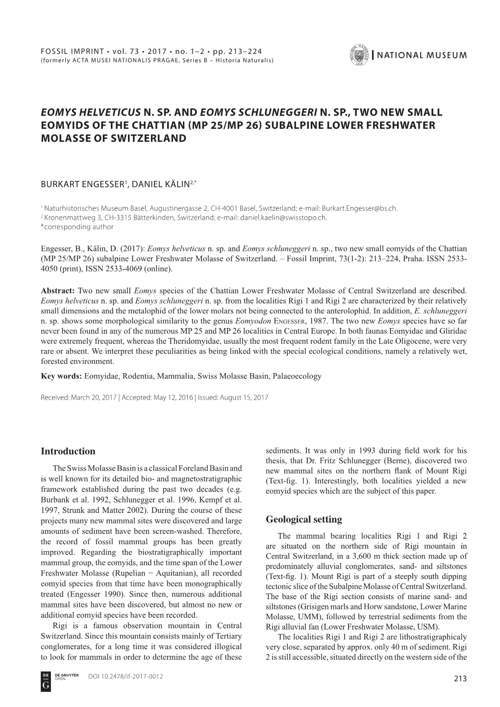 Eomys Helveticus N. Sp. and Eomys Schluneggeri N. Sp., Two New Small Eomyids of the Chattian (Mp 25/Mp 26) Subalpine Lower Freshwater Molasse of Switzerland