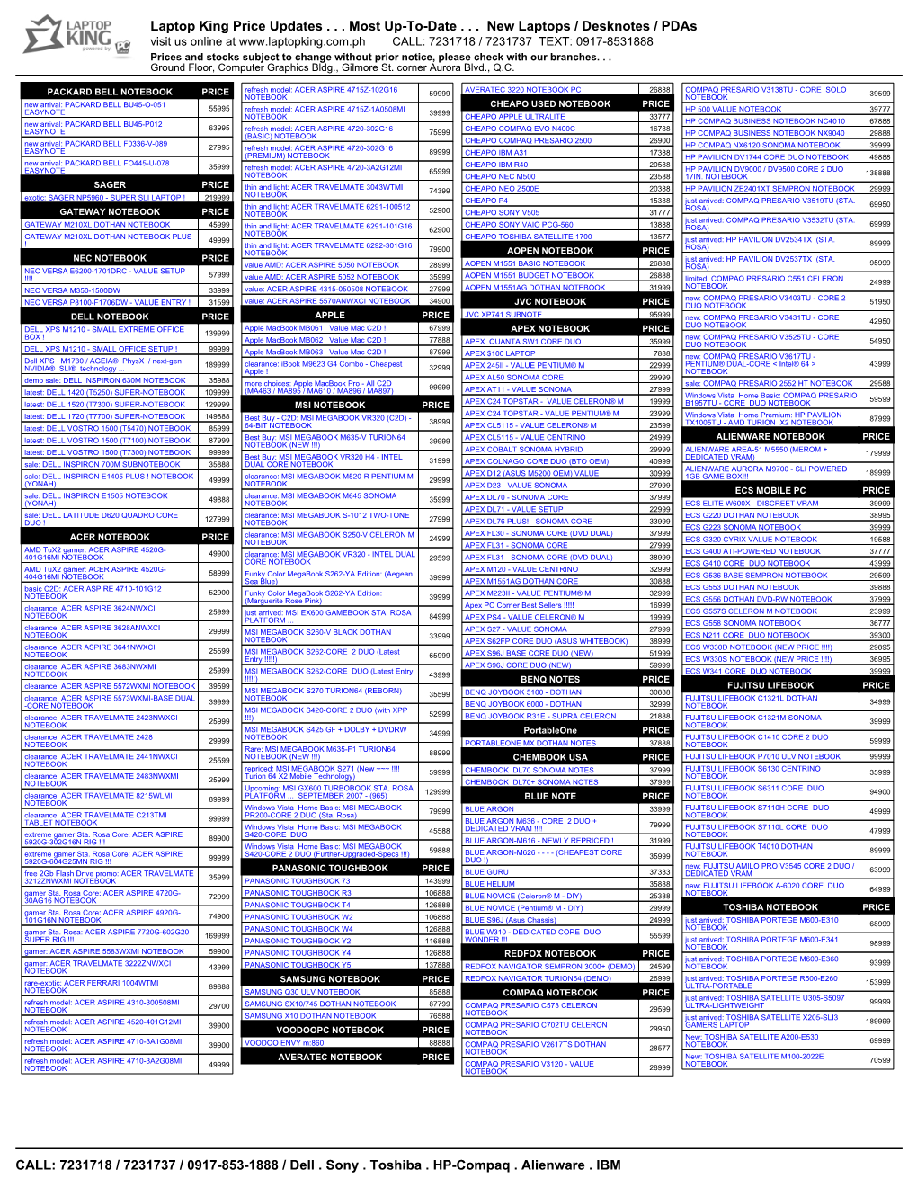 Laptop King Price Updates . . . Most Up-To-Date