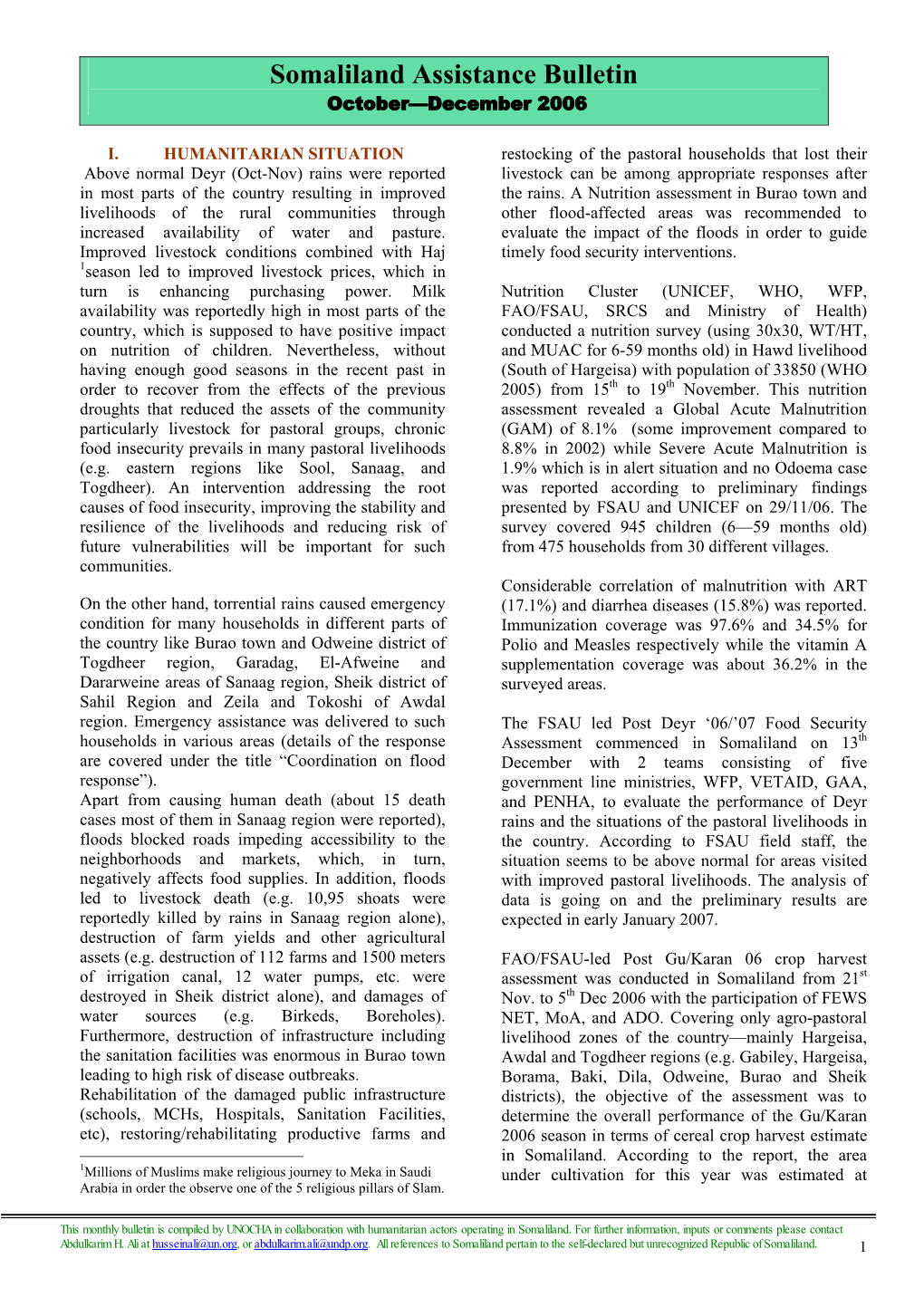 Somaliland Assistance Bulletin October—December 2006