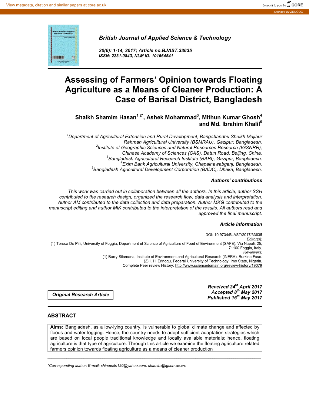 Assessing of Farmers' Opinion Towards Floating Agriculture As a Means of Cleaner Production