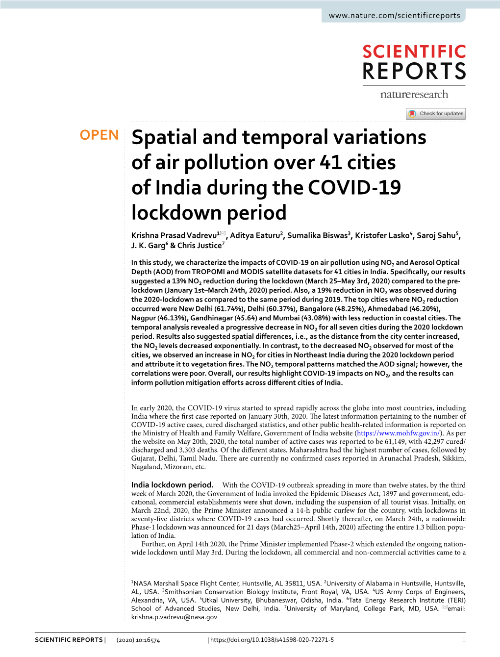 Spatial and Temporal Variations of Air Pollution Over 41 Cities of India During the COVID-19 Lockdown Period