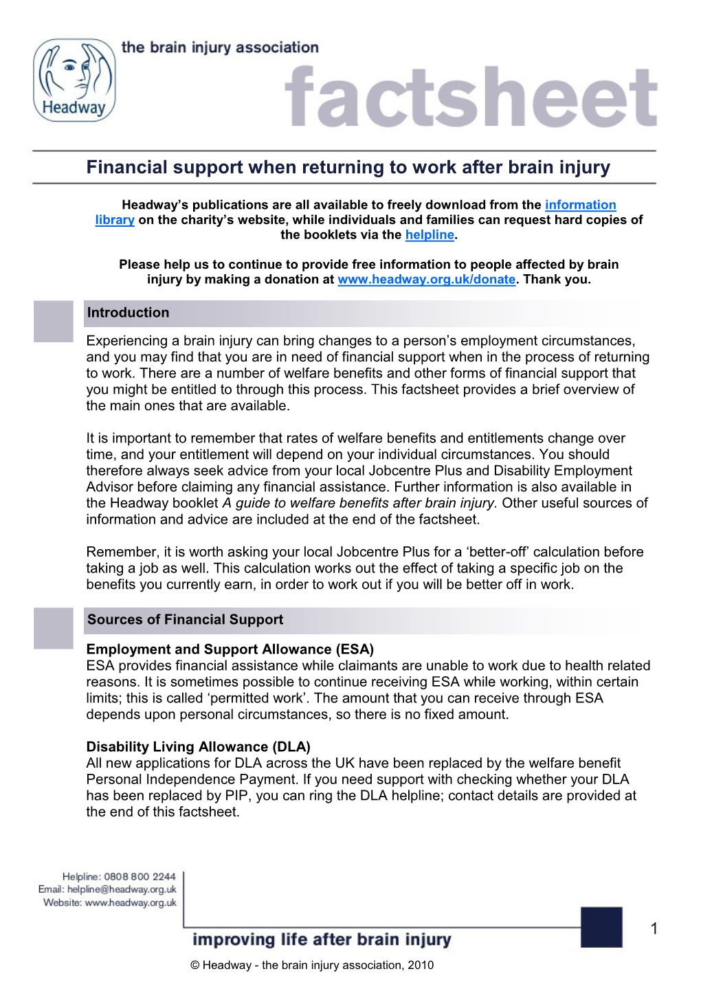 Financial Support When Returning to Work After Brain Injury